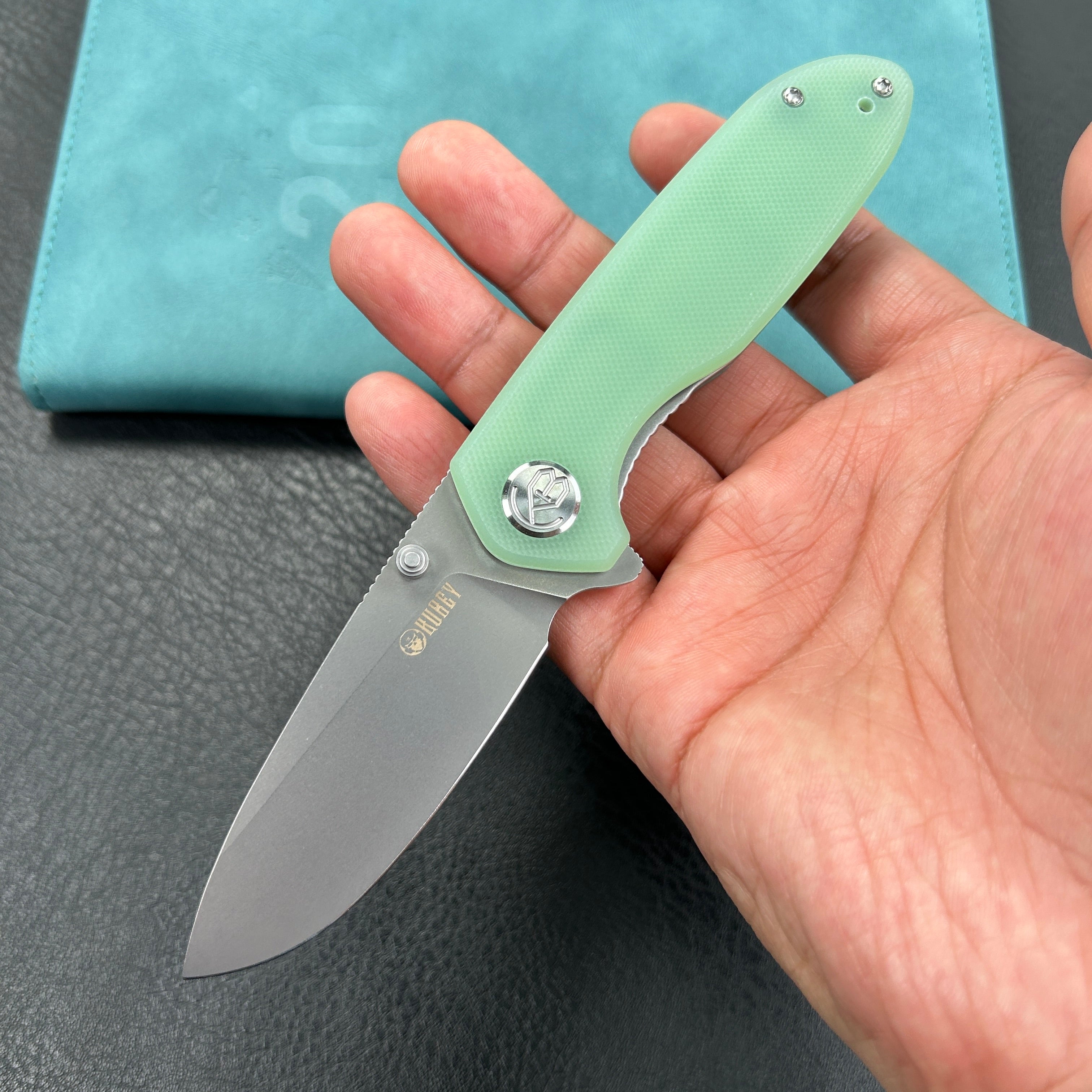 KUBEY KU342F Belus Thumb Stud Everyday Carry Pocket Knife Jade G10 Handle 2.95" Bead Blasted AUS-10 Blade