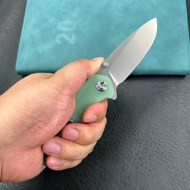KUBEY KU342F Belus Thumb Stud Everyday Carry Pocket Knife Jade G10 Handle 2.95" Bead Blasted AUS-10 Blade
