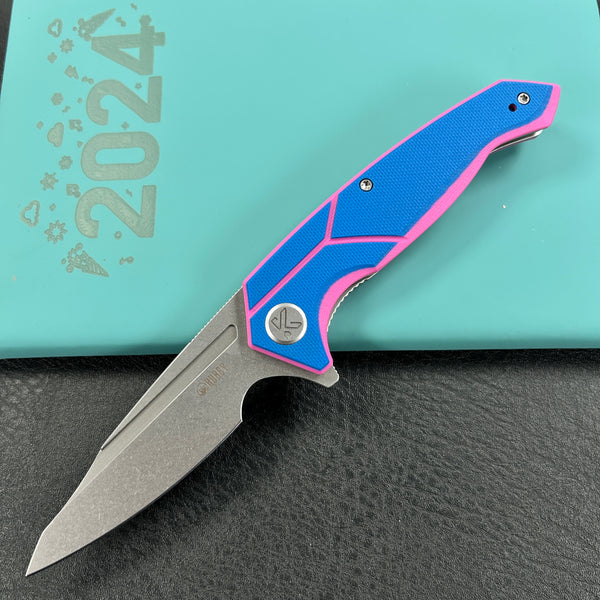 KUBEY  KU373C  RBC-1 Outdoor Flipper Knife Blue Pink G10 Handle 3.46" Stonewash 14C28N