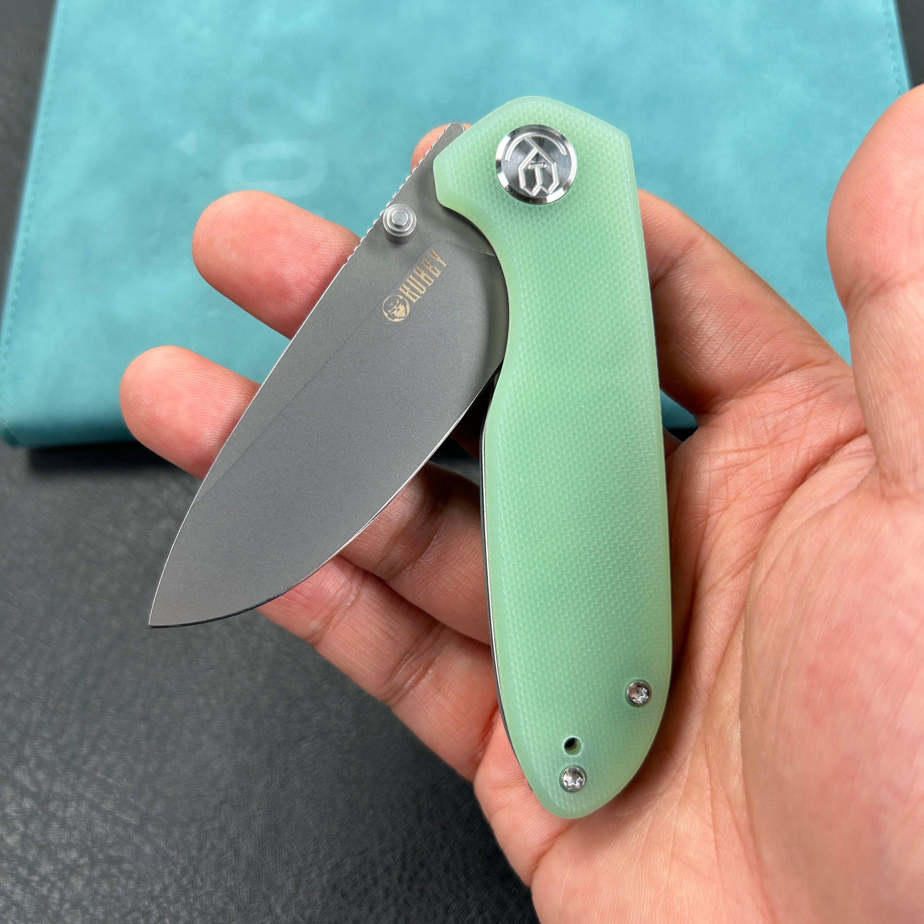 KUBEY KU342F Belus Thumb Stud Everyday Carry Pocket Knife Jade G10 Handle 2.95" Bead Blasted AUS-10 Blade