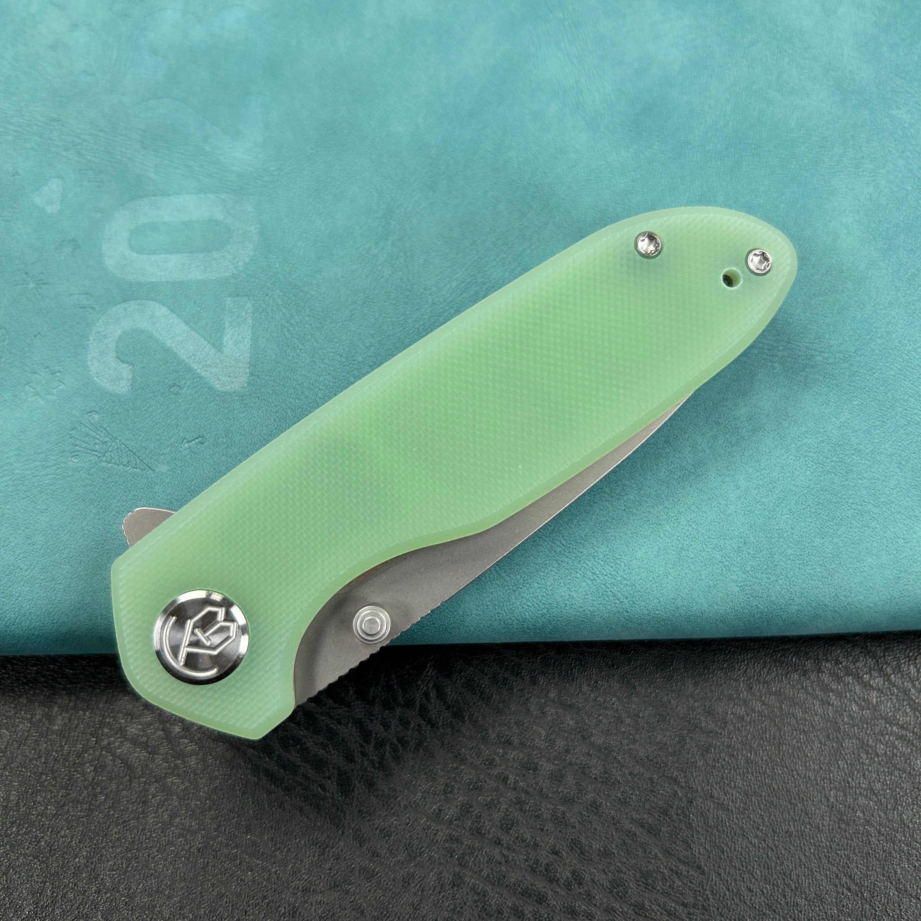 KUBEY KU342F Belus Thumb Stud Everyday Carry Pocket Knife Jade G10 Handle 2.95" Bead Blasted AUS-10 Blade