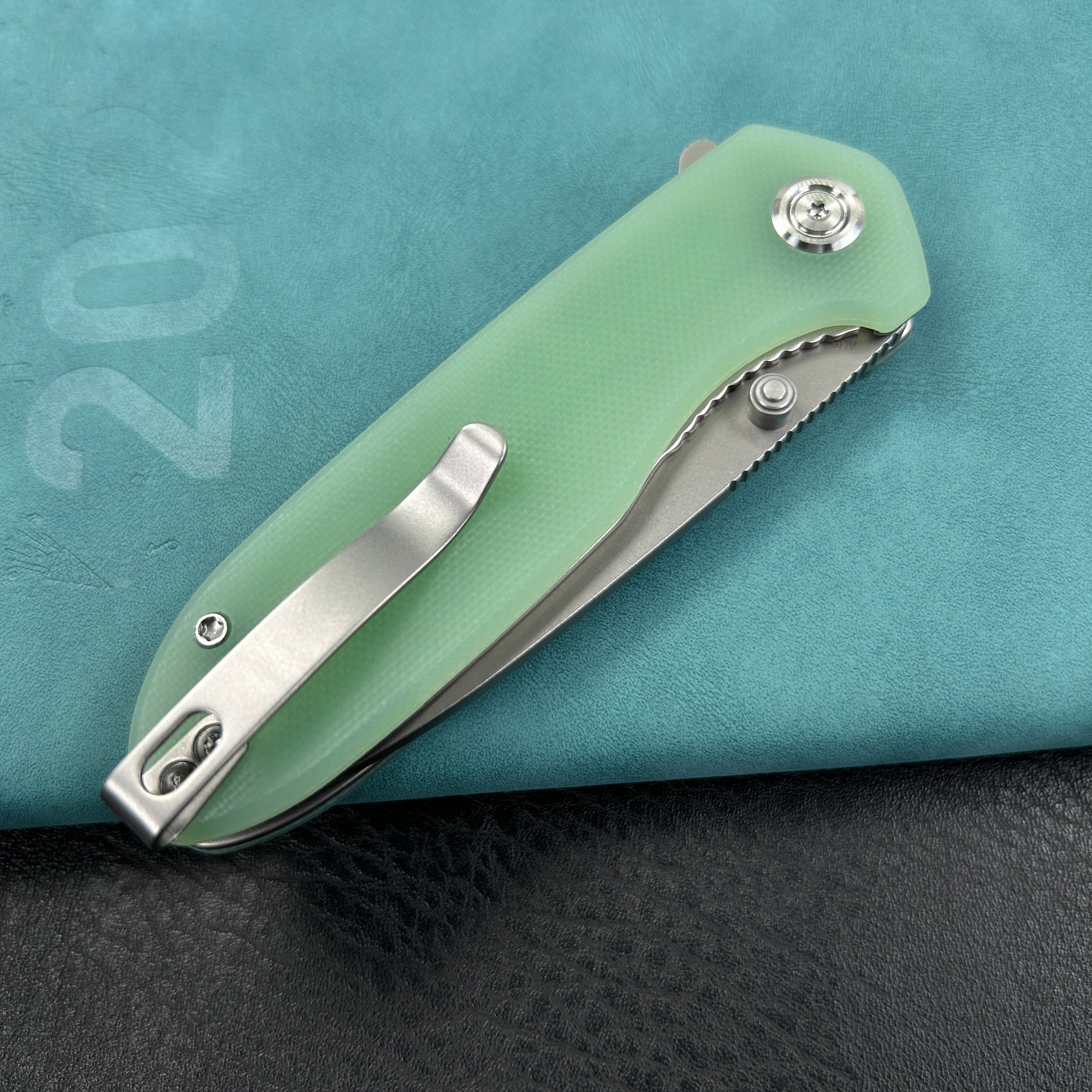 KUBEY KU342F Belus Thumb Stud Everyday Carry Pocket Knife Jade G10 Handle 2.95" Bead Blasted AUS-10 Blade