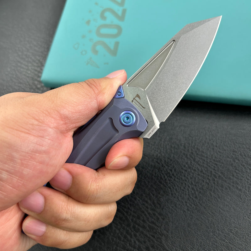 KB Knives KB400C Jake Hoback Design Sumo Button Lock Folding Knife Blue Titanium Handle 3.15" Stonewash CPM 20CV Blade