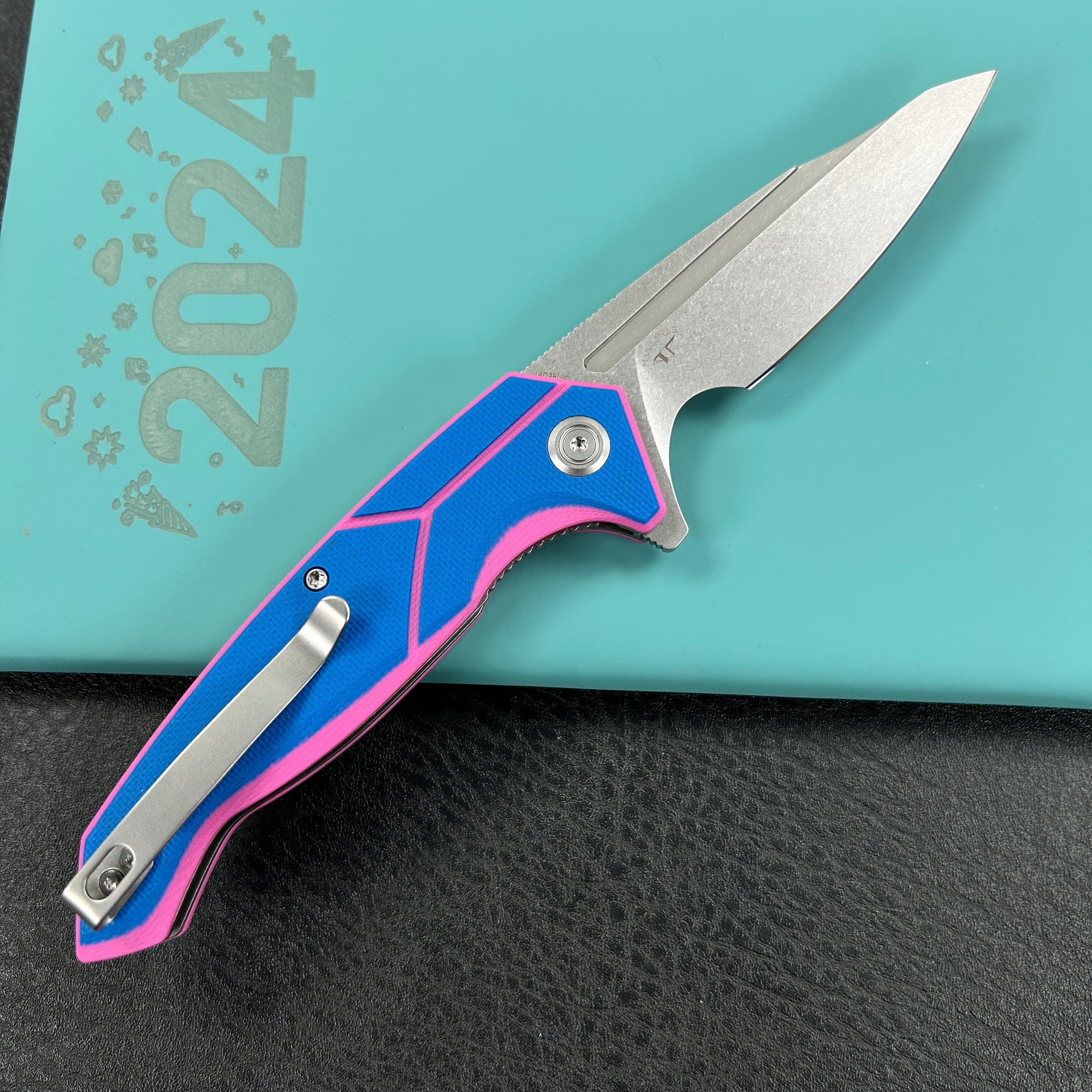 KUBEY  KU373C  RBC-1 Outdoor Flipper Knife Blue Pink G10 Handle 3.46" Stonewash 14C28N