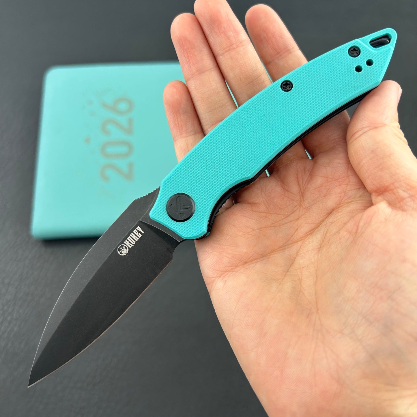 KUBEY knife KU333I Leaf Linerlock Black Tiffany Blue Folding Knives