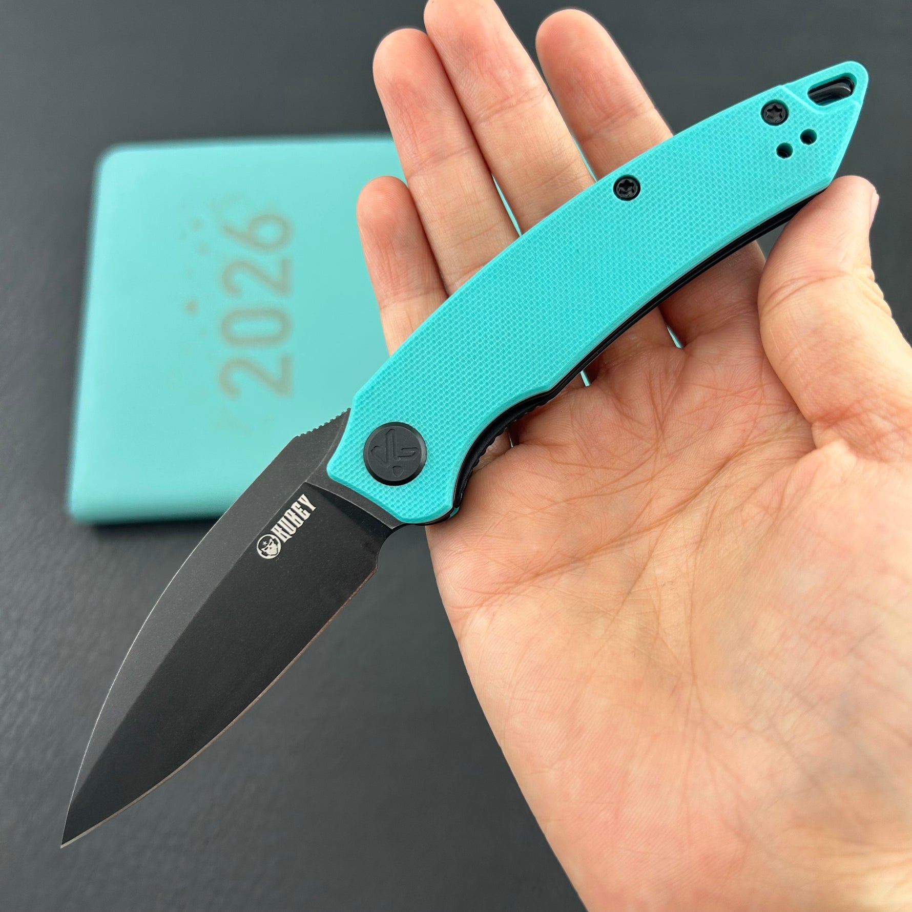 KUBEY knife KU333I Leaf Linerlock Black Tiffany Blue Folding Knives