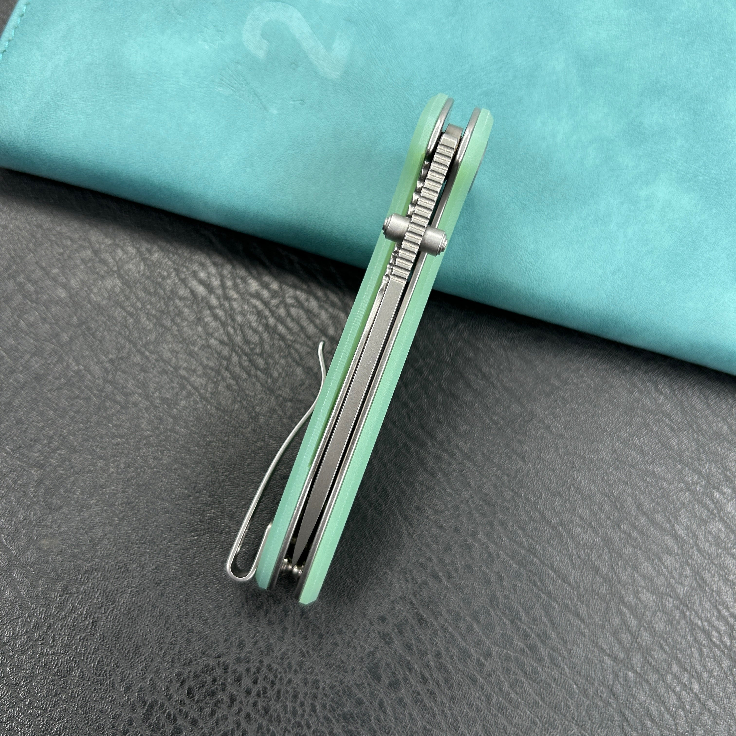 KUBEY KU342F Belus Thumb Stud Everyday Carry Pocket Knife Jade G10 Handle 2.95" Bead Blasted AUS-10 Blade