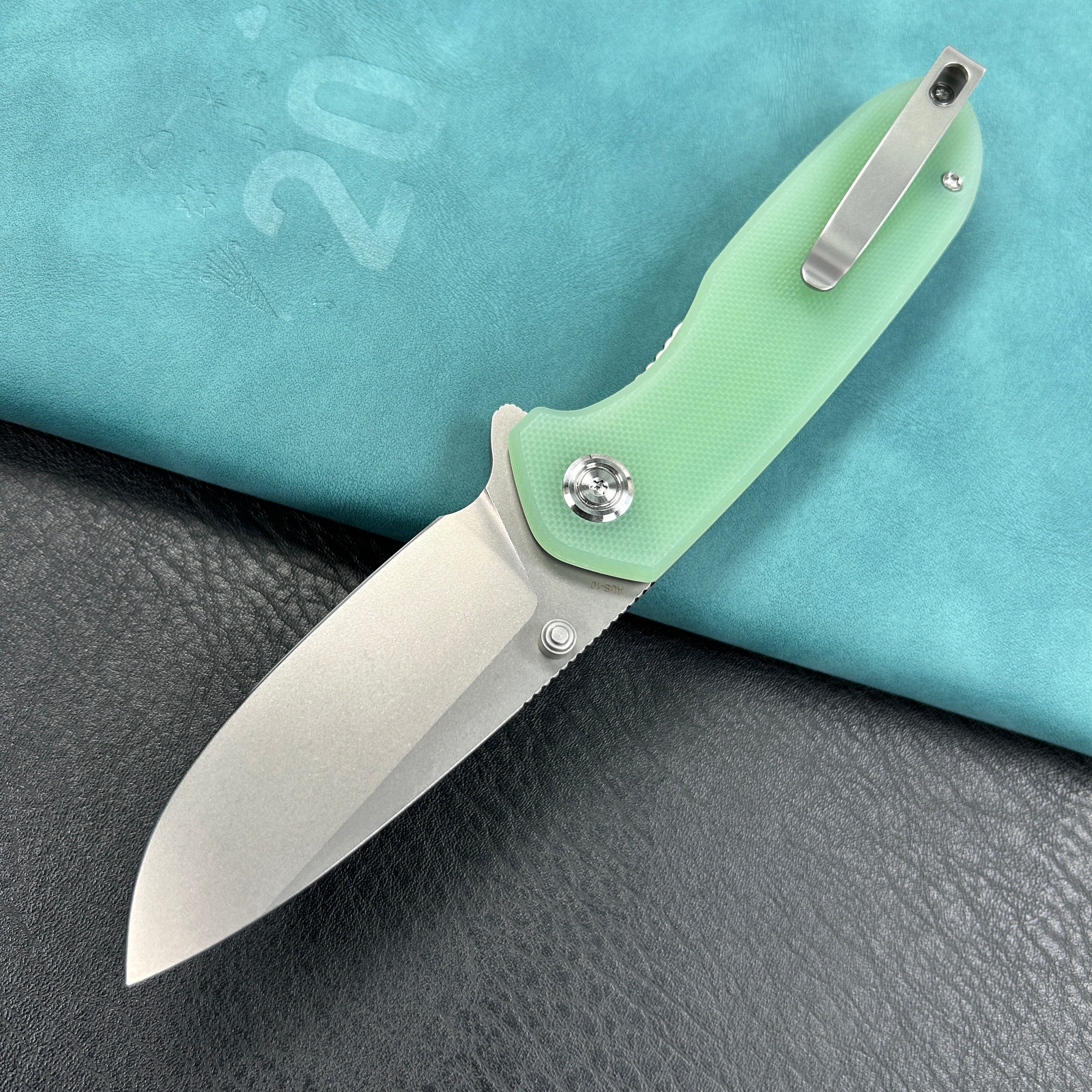 KUBEY KU342F Belus Thumb Stud Everyday Carry Pocket Knife Jade G10 Handle 2.95" Bead Blasted AUS-10 Blade