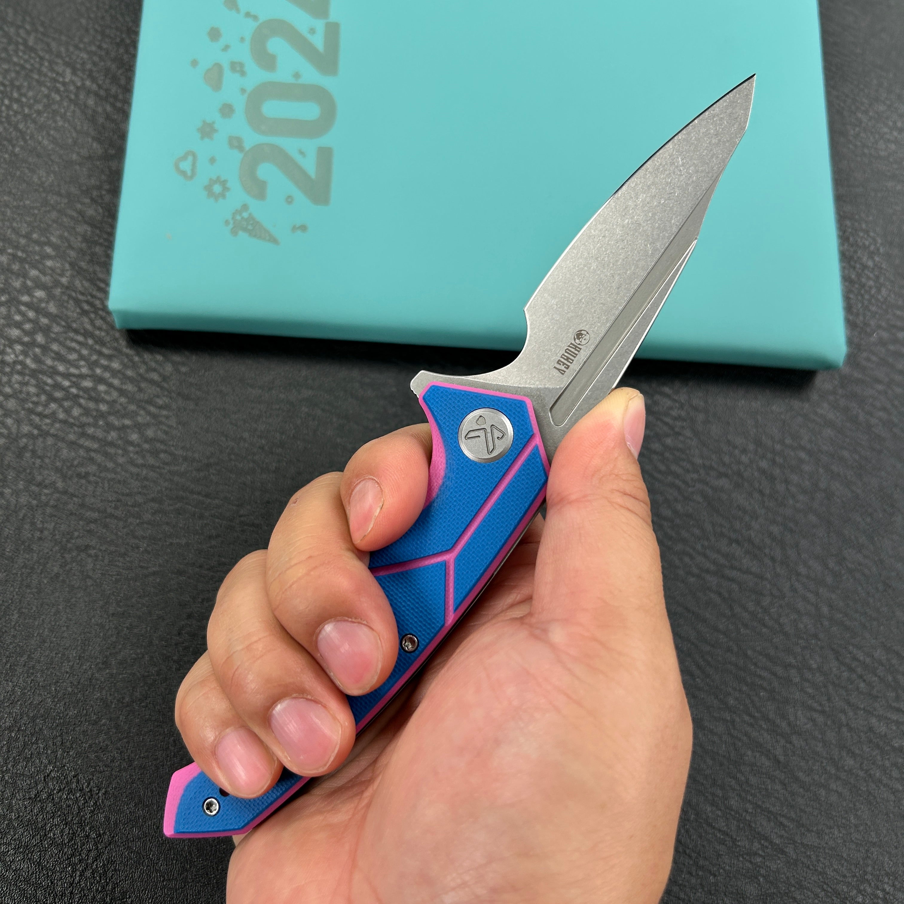 KUBEY  KU373C  RBC-1 Outdoor Flipper Knife Blue Pink G10 Handle 3.46" Stonewash 14C28N