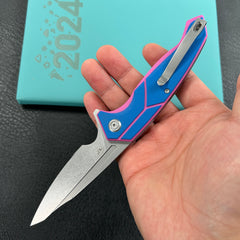 KUBEY  KU373C  RBC-1 Outdoor Flipper Knife Blue Pink G10 Handle 3.46" Stonewash 14C28N