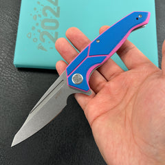 KUBEY  KU373C  RBC-1 Outdoor Flipper Knife Blue Pink G10 Handle 3.46" Stonewash 14C28N