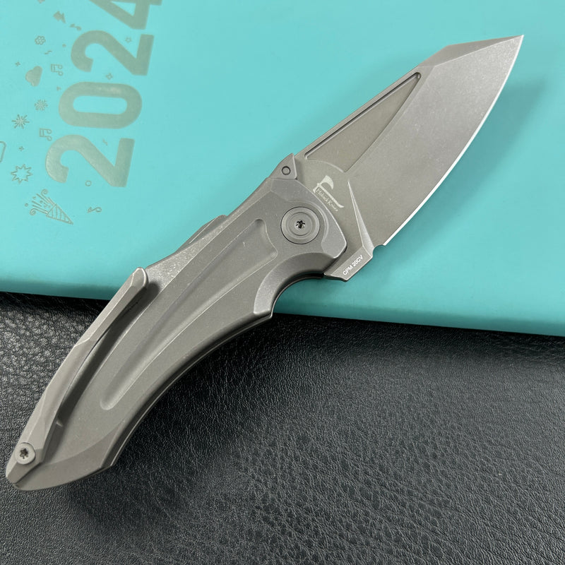 KB Knives KB400B Jake Hoback Design Sumo Button Lock Folding Knife Darkblast Titanium Handle 3.15" Acid Etch and Stonewash CPM 20CV Blade