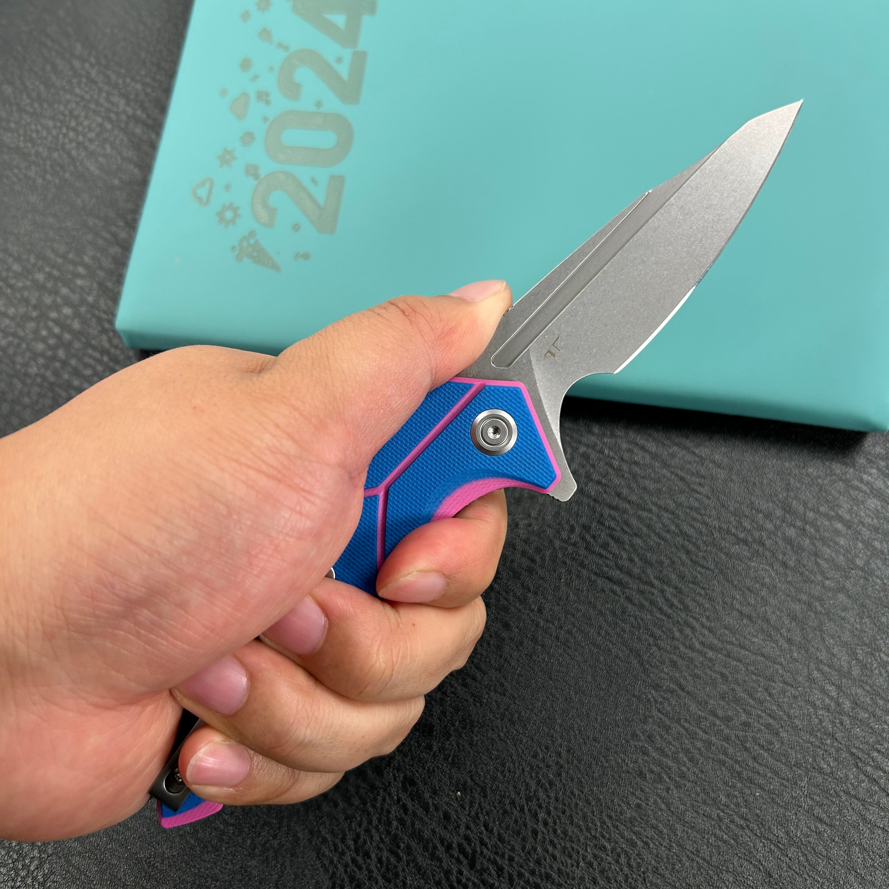 KUBEY  KU373C  RBC-1 Outdoor Flipper Knife Blue Pink G10 Handle 3.46" Stonewash 14C28N