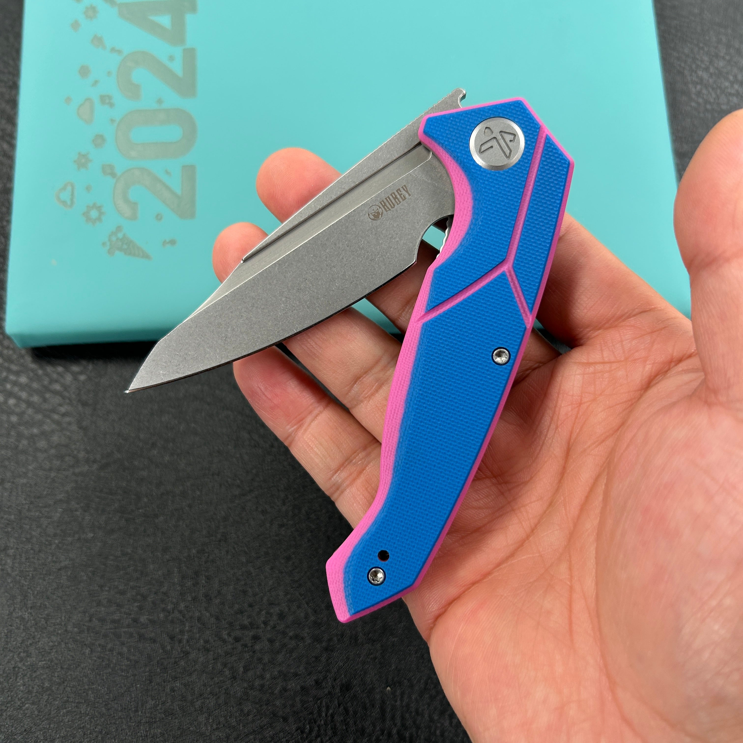 KUBEY  KU373C  RBC-1 Outdoor Flipper Knife Blue Pink G10 Handle 3.46" Stonewash 14C28N