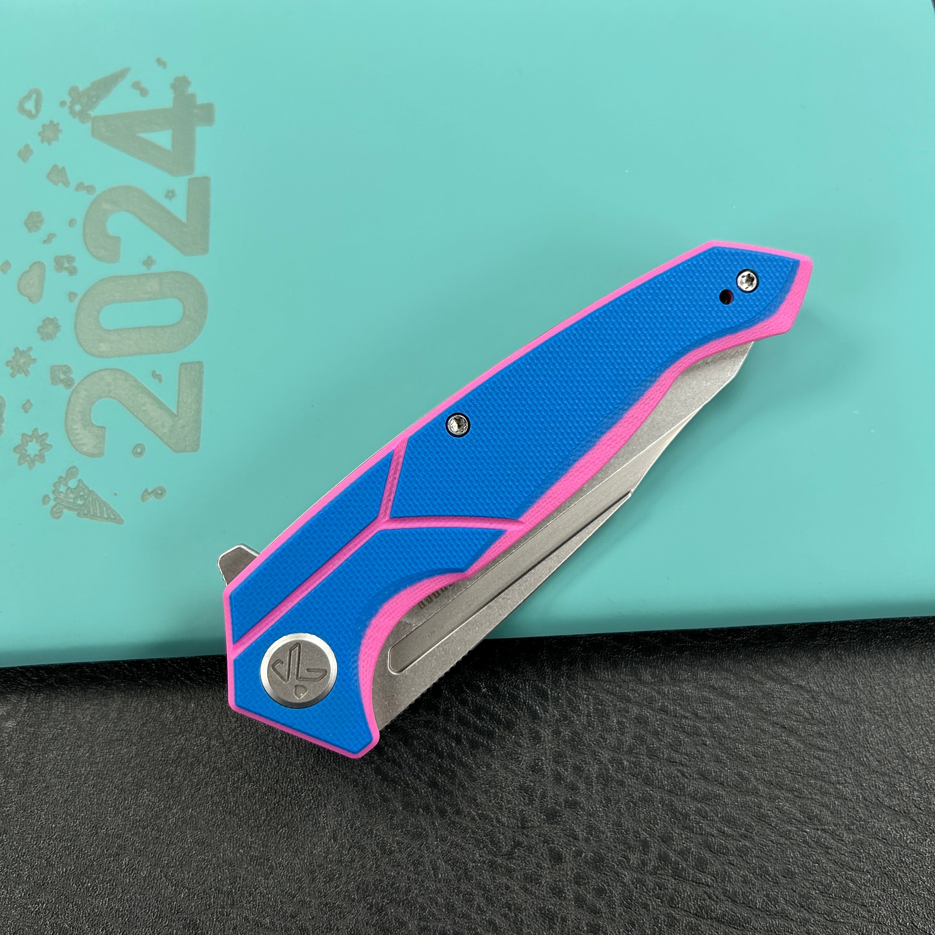 KUBEY  KU373C  RBC-1 Outdoor Flipper Knife Blue Pink G10 Handle 3.46" Stonewash 14C28N