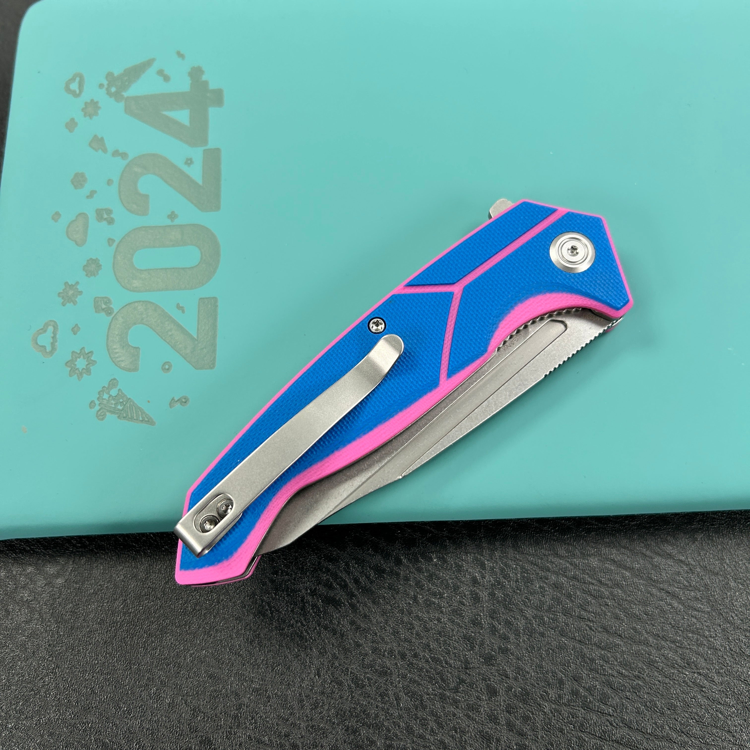 KUBEY  KU373C  RBC-1 Outdoor Flipper Knife Blue Pink G10 Handle 3.46" Stonewash 14C28N