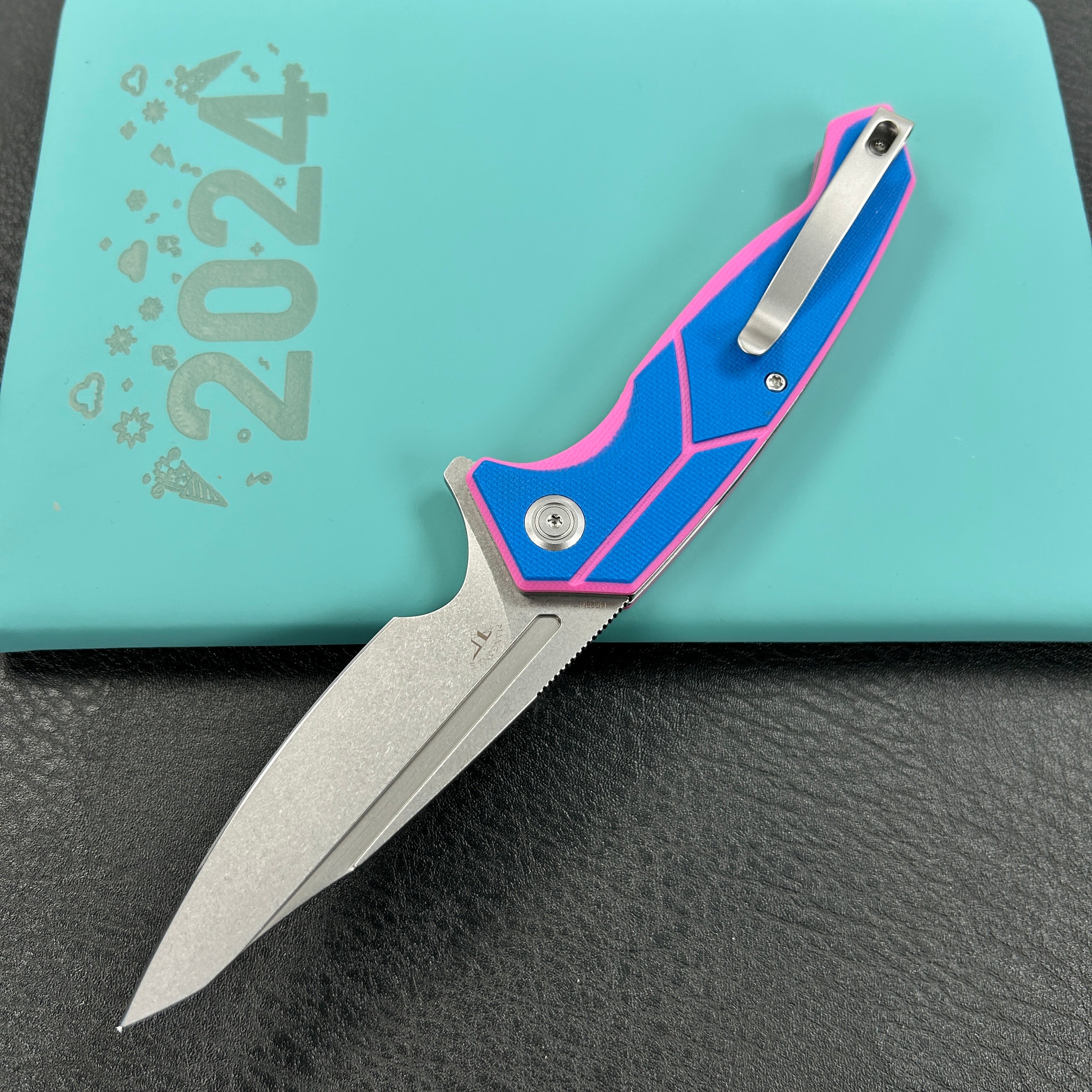 KUBEY  KU373C  RBC-1 Outdoor Flipper Knife Blue Pink G10 Handle 3.46" Stonewash 14C28N