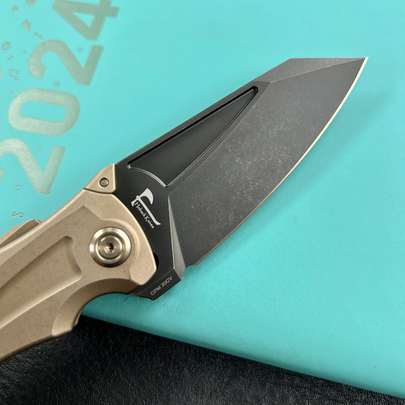 KB Knives KB400E Jake Hoback Design Sumo Button Lock Folding Knife Bronze Titanium Handle 3.15" Blackwash CPM 20CV Blade