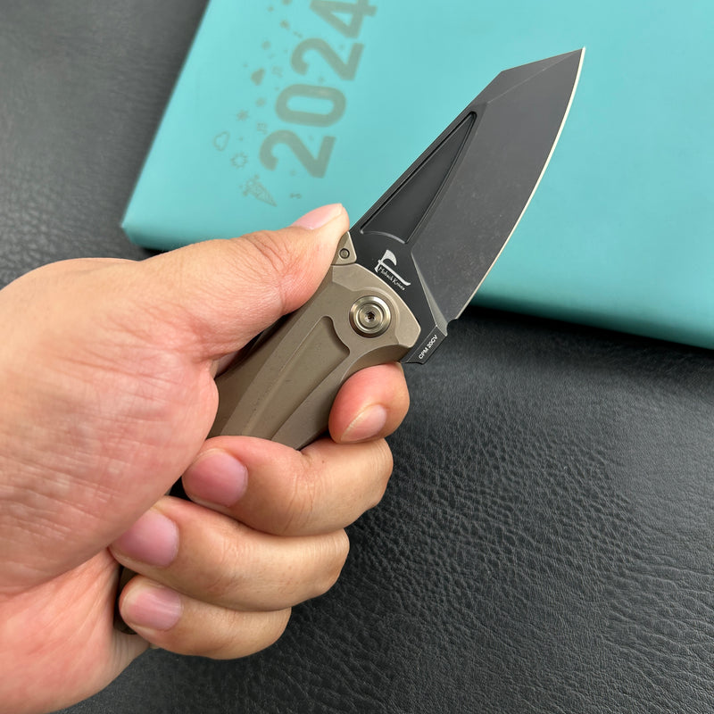 KB Knives KB400E Jake Hoback Design Sumo Button Lock Folding Knife Bronze Titanium Handle 3.15" Blackwash CPM 20CV Blade