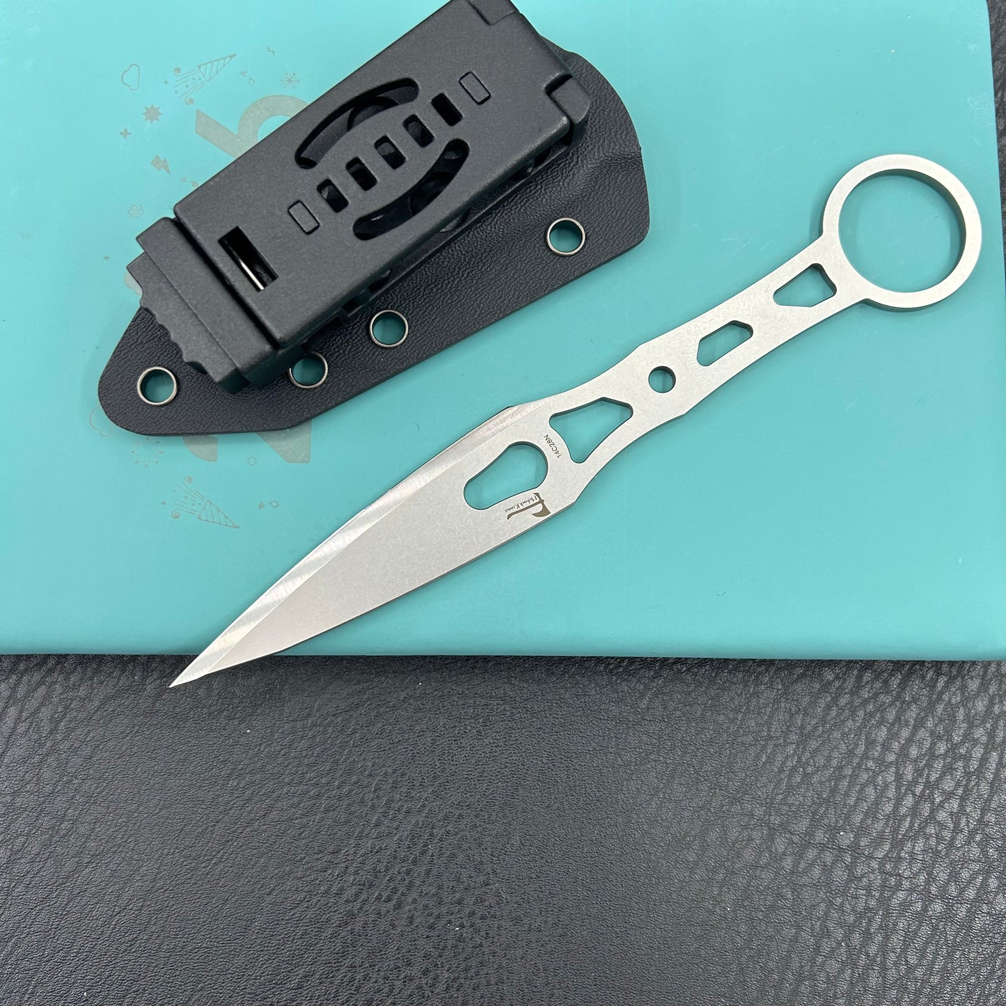 KUBEY knife KU401 Jake Hoback Knives Kunai Fixed Gear Skeletonized Handle 3.23'' Stonewashed 14C28N Blade