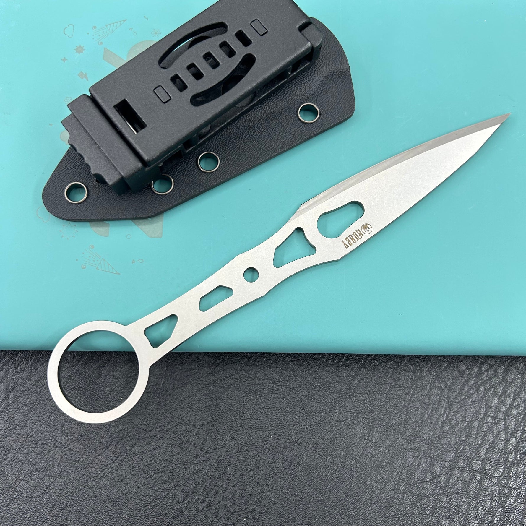 KUBEY knife KU401 Jake Hoback Knives Kunai Fixed Gear Skeletonized Handle 3.23'' Stonewashed 14C28N Blade