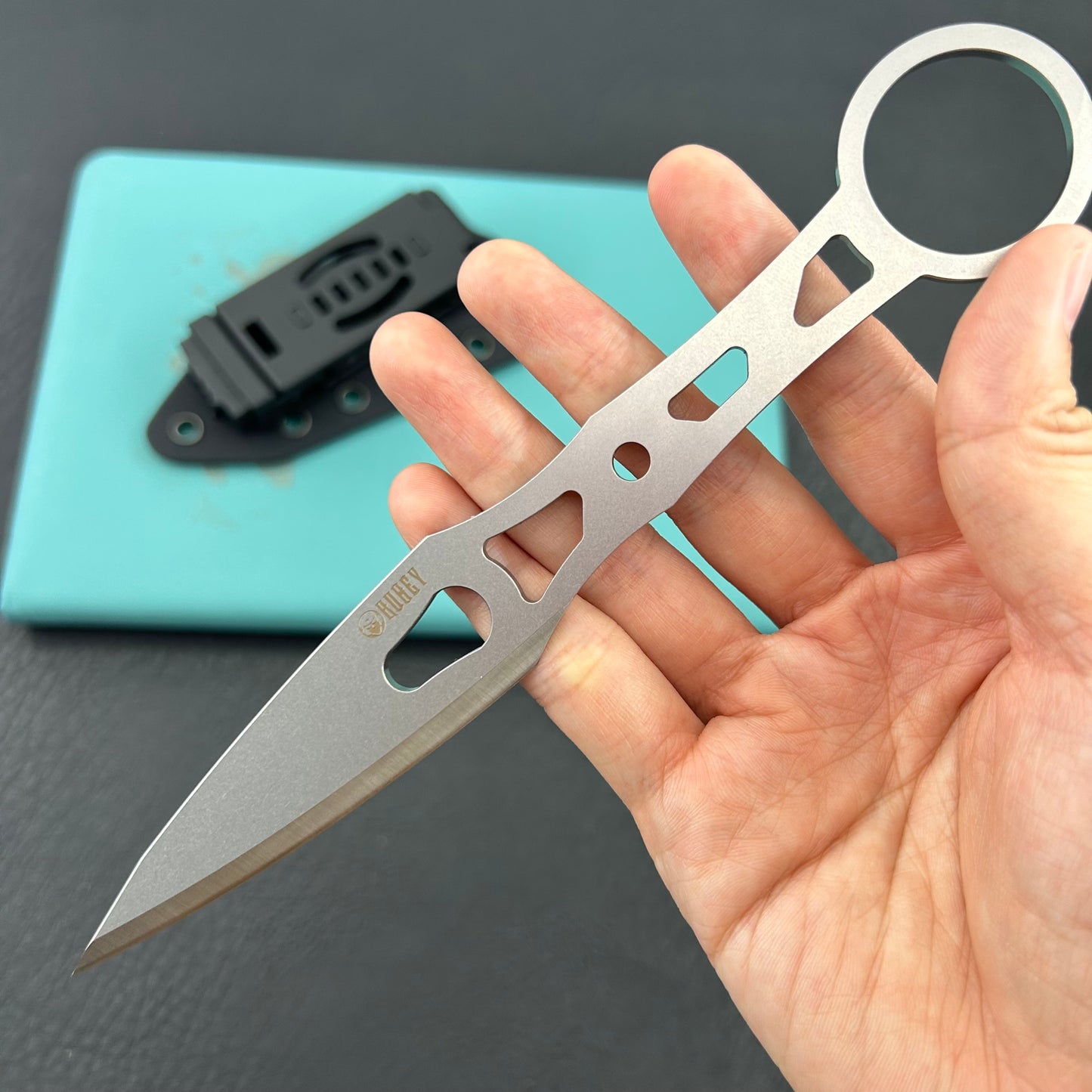 KUBEY knife KU401 Jake Hoback Knives Kunai Fixed Gear Skeletonized Handle 3.23'' Stonewashed 14C28N Blade