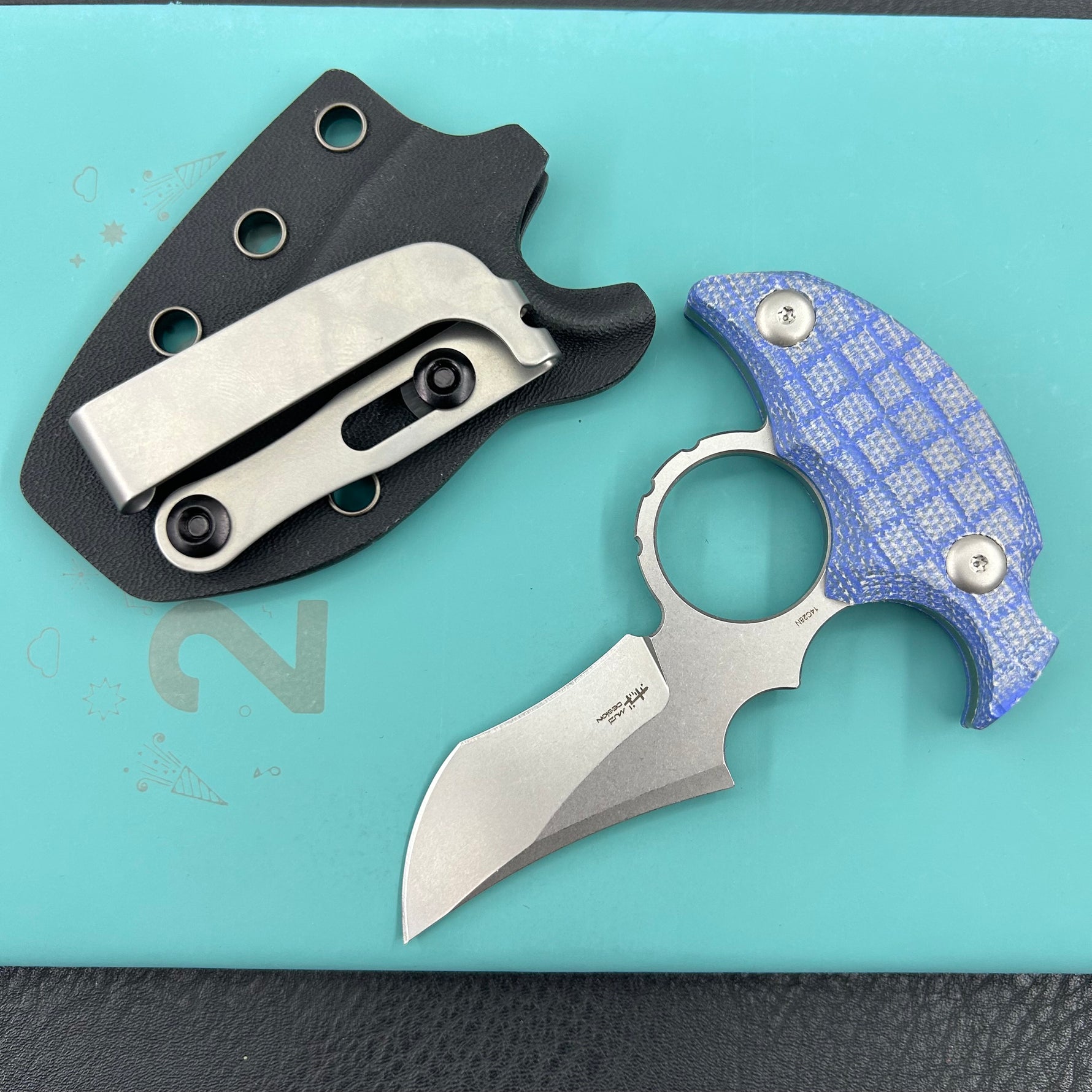 KUBEY knife KU404D Stheno Fixed Blade Knife Blue Micarta Handle 2.95'' Stonewash 14C28N Blade