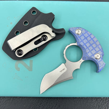 KUBEY knife KU404D Stheno Fixed Blade Knife Blue Micarta Handle 2.95'' Stonewash 14C28N Blade