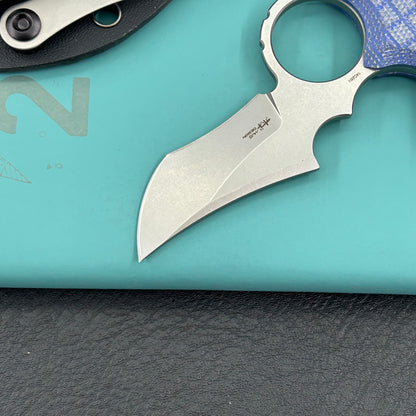 KUBEY knife KU404D Stheno Fixed Blade Knife Blue Micarta Handle 2.95'' Stonewash 14C28N Blade