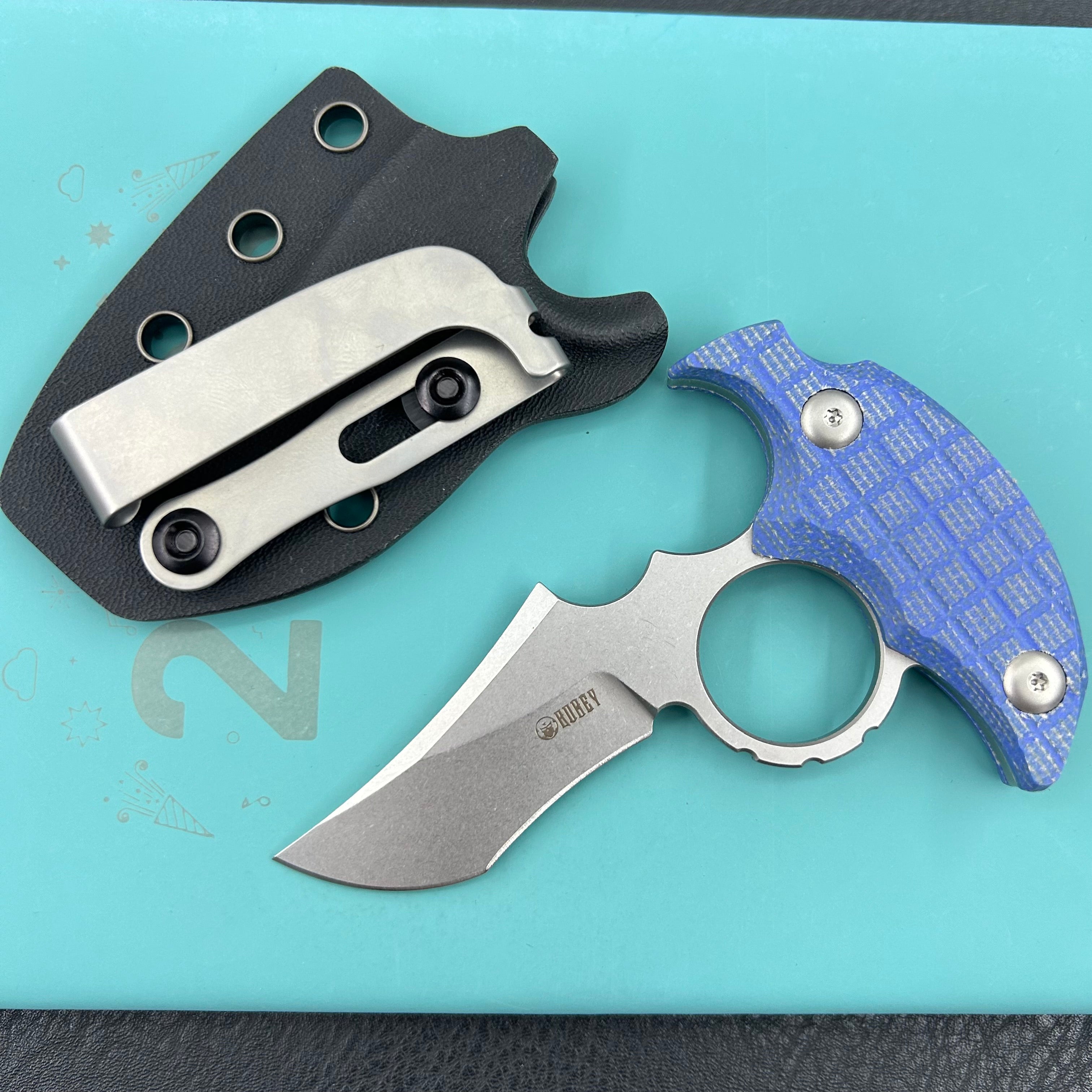 KUBEY knife KU404D Stheno Fixed Blade Knife Blue Micarta Handle 2.95'' Stonewash 14C28N Blade