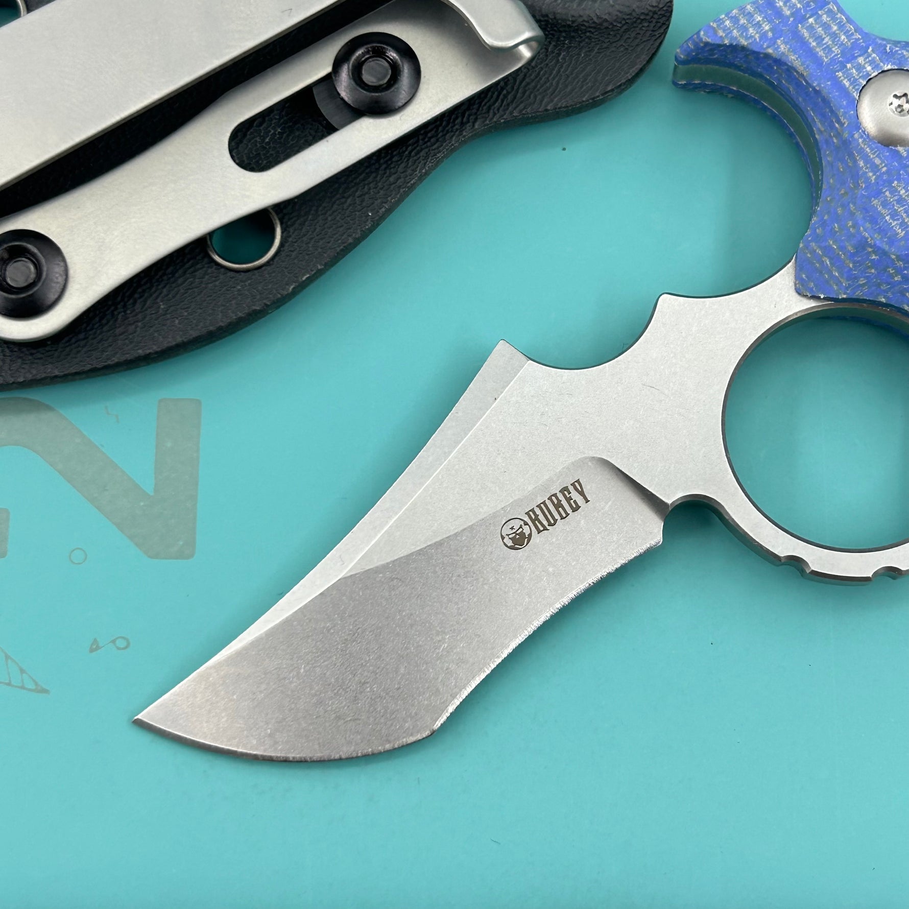 KUBEY knife KU404D Stheno Fixed Blade Knife Blue Micarta Handle 2.95'' Stonewash 14C28N Blade