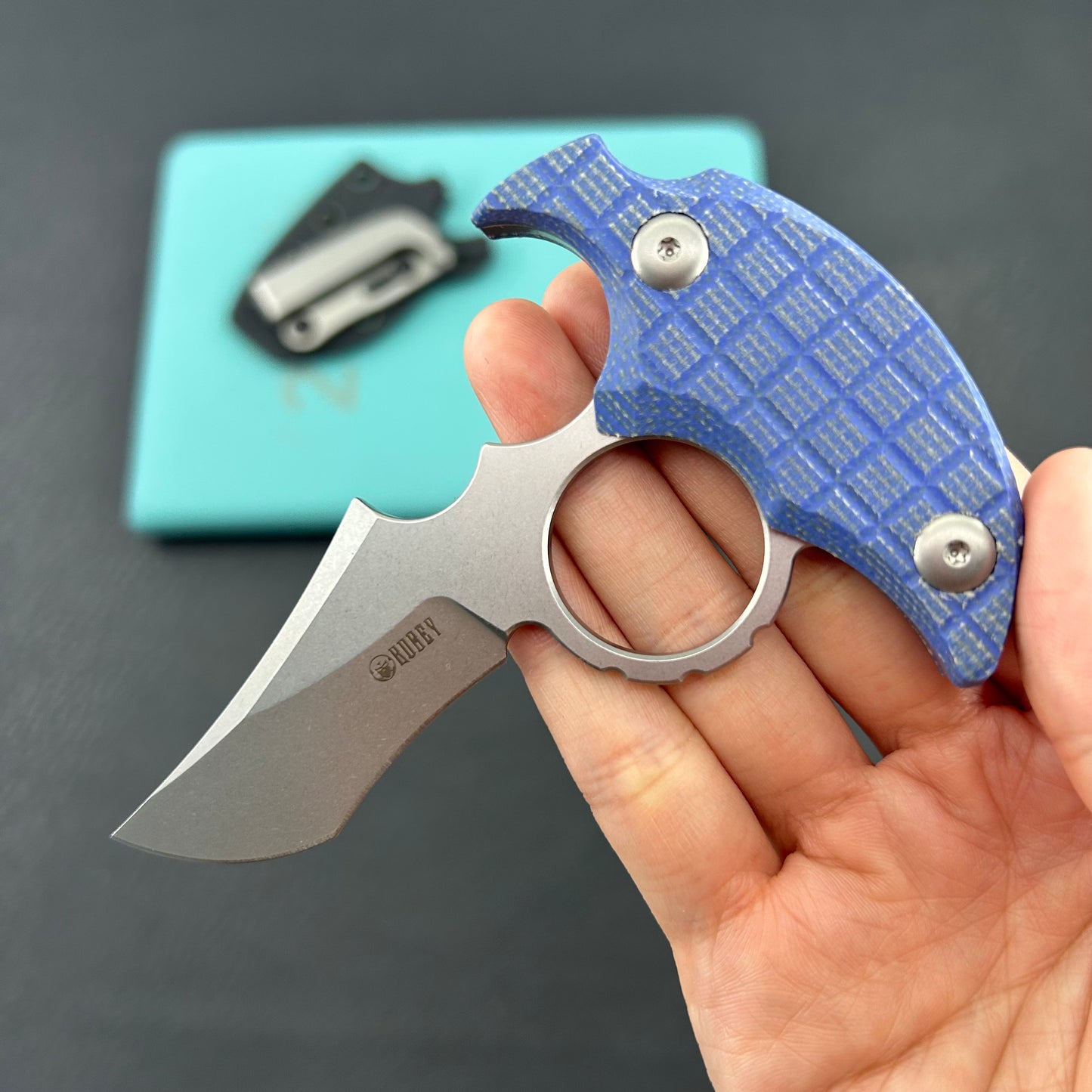 KUBEY knife KU404D Stheno Fixed Blade Knife Blue Micarta Handle 2.95'' Stonewash 14C28N Blade
