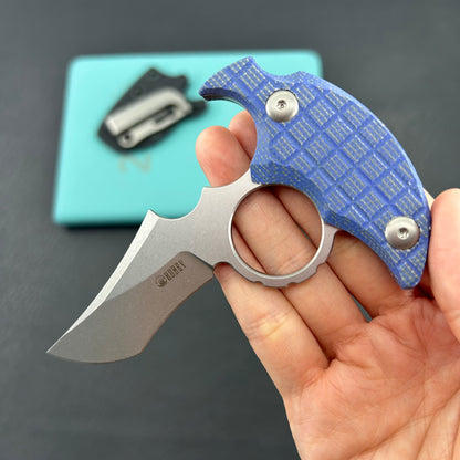 KUBEY knife KU404D Stheno Fixed Blade Knife Blue Micarta Handle 2.95'' Stonewash 14C28N Blade