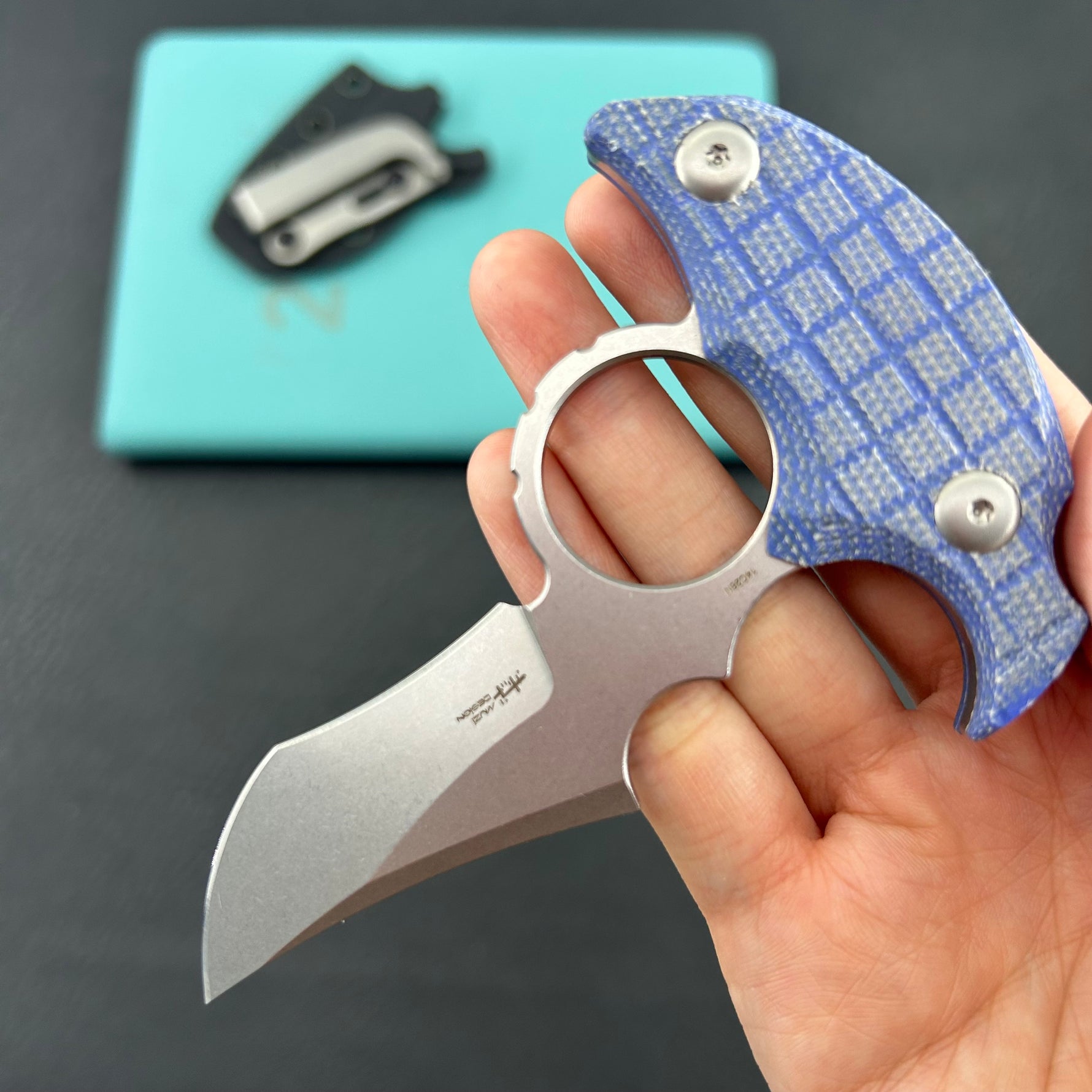 KUBEY knife KU404D Stheno Fixed Blade Knife Blue Micarta Handle 2.95'' Stonewash 14C28N Blade