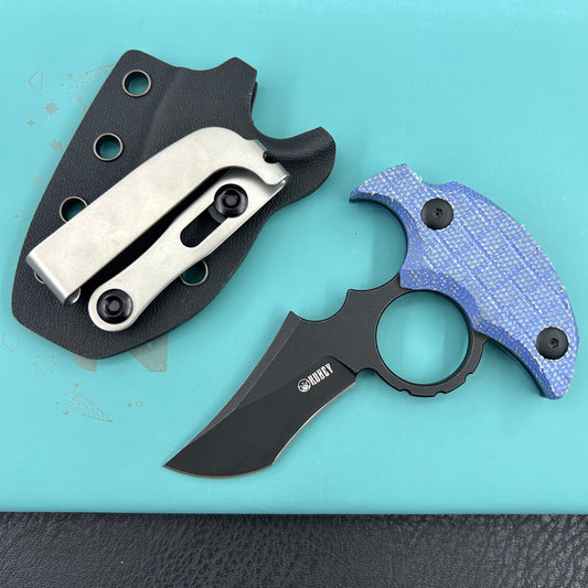 KUBEY knife KU404C Stheno Fixed Blade Knife Blue Micarta Handle 2.95'' Blackwash 14C28N Blade