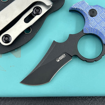 KUBEY knife KU404C Stheno Fixed Blade Knife Blue Micarta Handle 2.95'' Blackwash 14C28N Blade