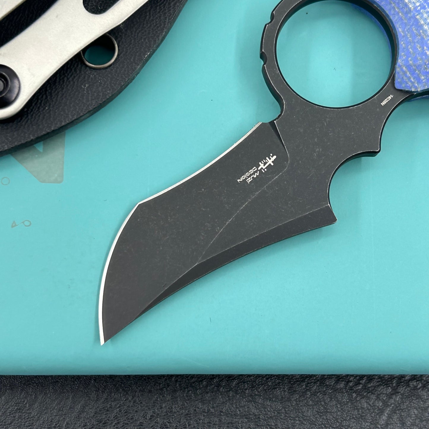 KUBEY knife KU404C Stheno Fixed Blade Knife Blue Micarta Handle 2.95'' Blackwash 14C28N Blade