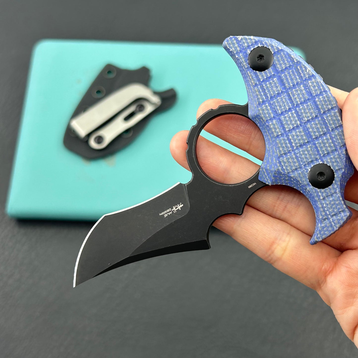 KUBEY knife KU404C Stheno Fixed Blade Knife Blue Micarta Handle 2.95'' Blackwash 14C28N Blade