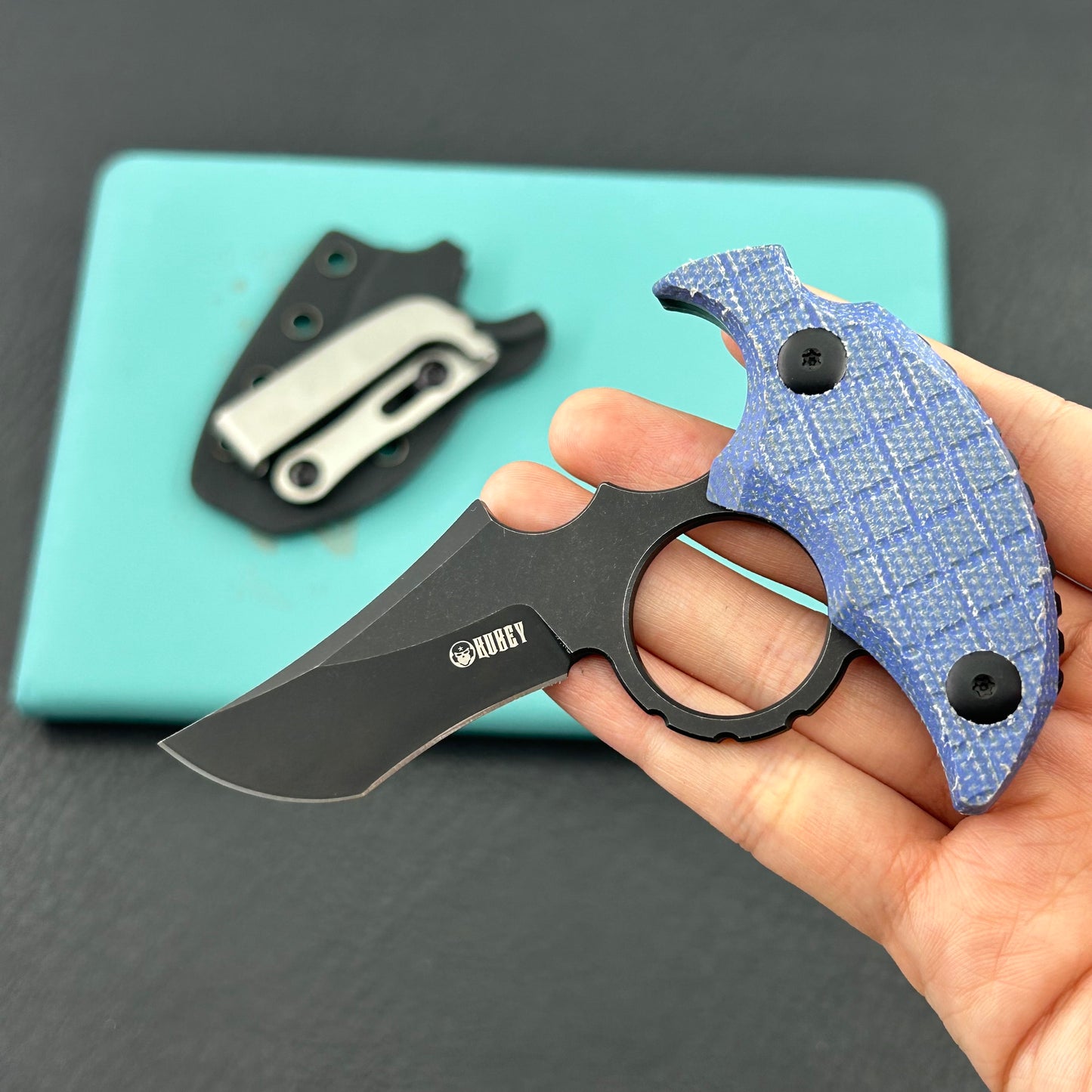 KUBEY knife KU404C Stheno Fixed Blade Knife Blue Micarta Handle 2.95'' Blackwash 14C28N Blade