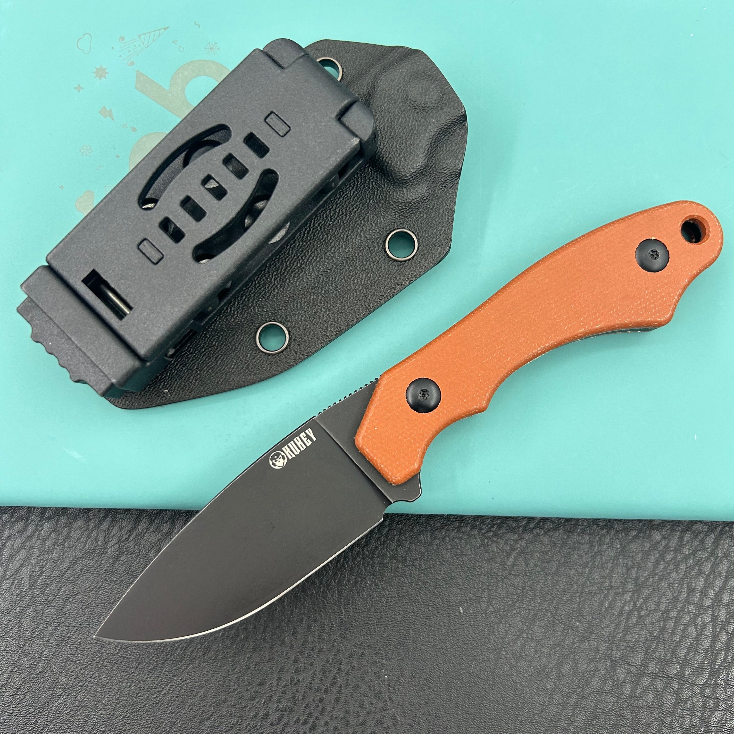 KUBEY knife KU467D TLB I Drop Point EDC Fixed Blade Knife Brown Micarta 2.8" Blackwash 14C28N with Kydex Sheath