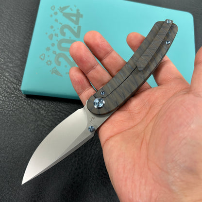 KUBEY KB386C Momentum Frame Lock Front Flipper Pocket Folding Knife Tiger Stripe Pattern Flamed Titanium Handle 3.43" Beadblast M390