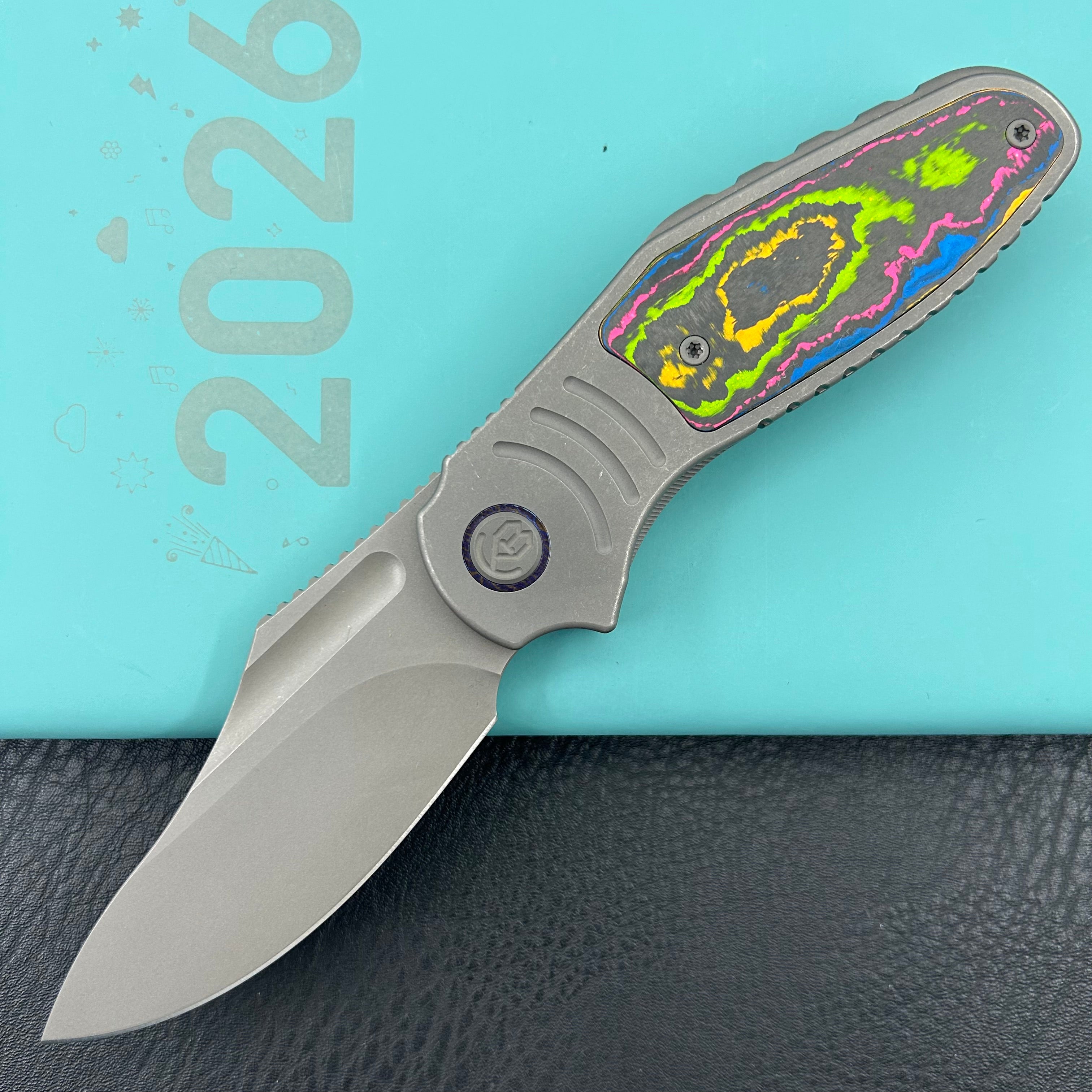 KB Knives  KB384B  Stroller Folding Knife Darkblast Titanium/CF Inlays Handle 3.35" Darkwash CPM 20CV Blade