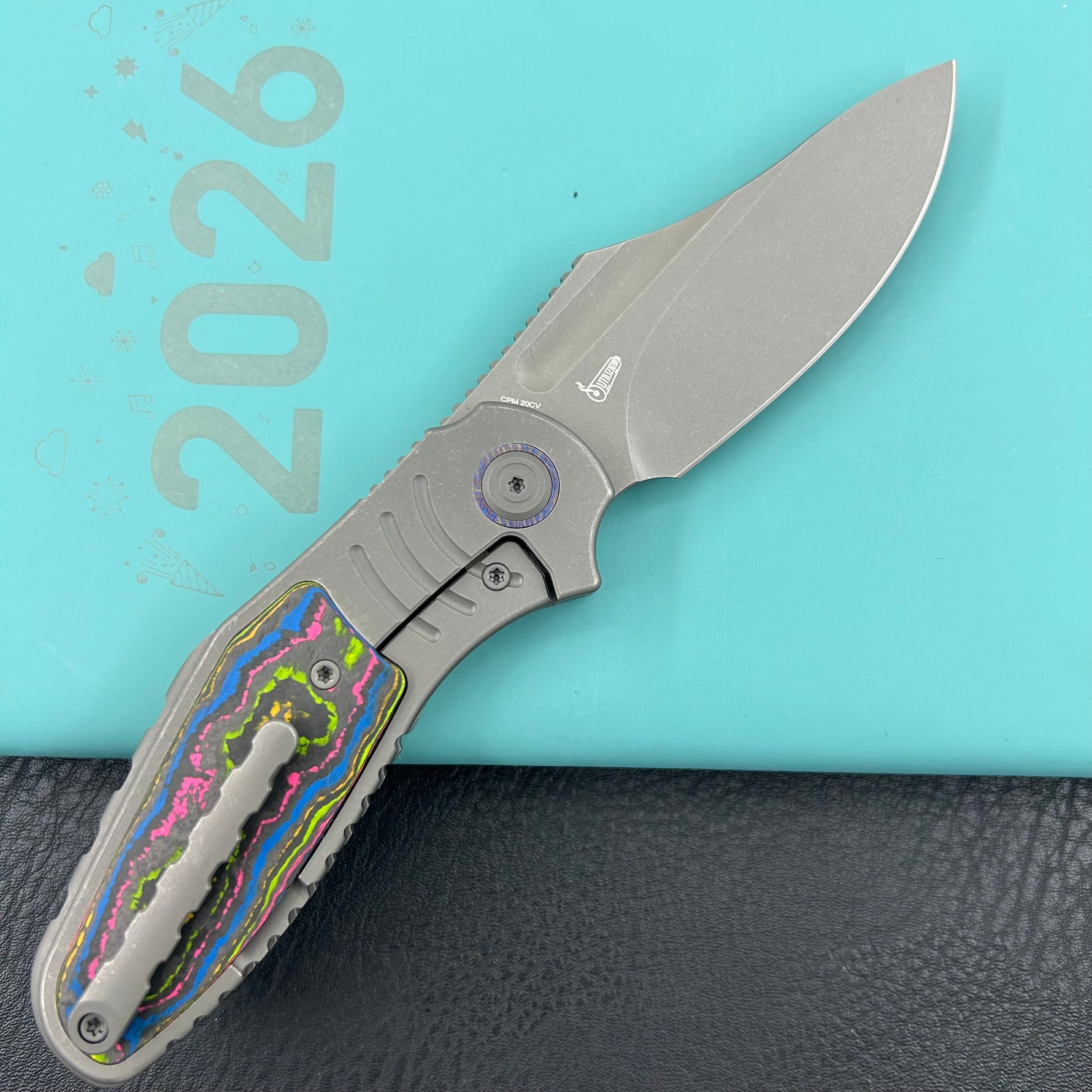 KB Knives  KB384B  Stroller Folding Knife Darkblast Titanium/CF Inlays Handle 3.35" Darkwash CPM 20CV Blade