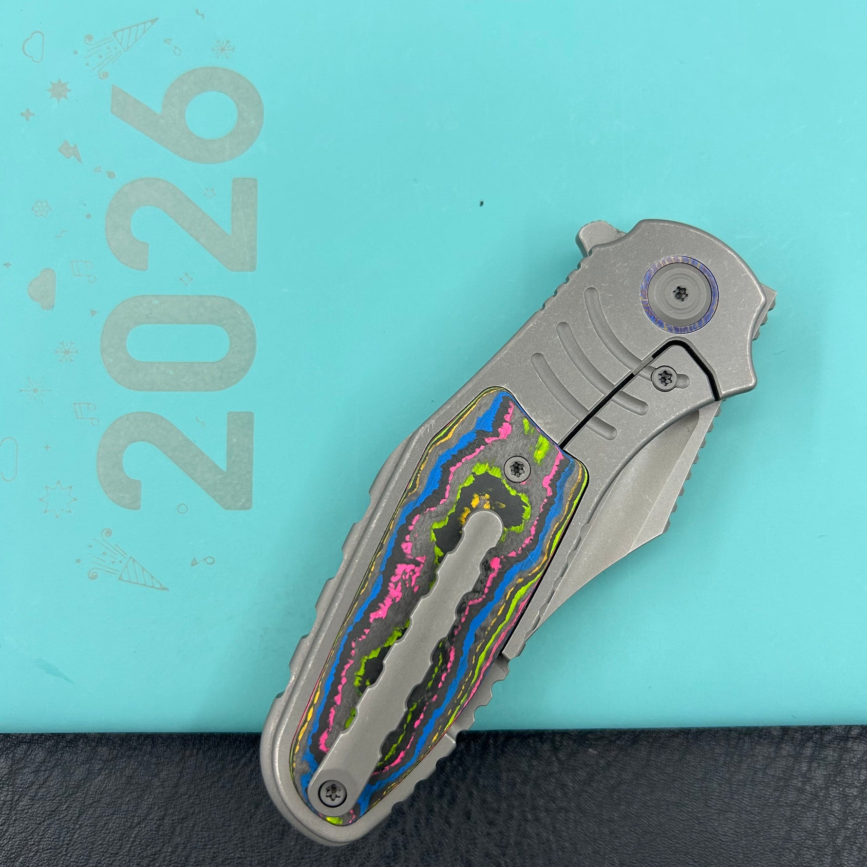 KB Knives  KB384B  Stroller Folding Knife Darkblast Titanium/CF Inlays Handle 3.35" Darkwash CPM 20CV Blade