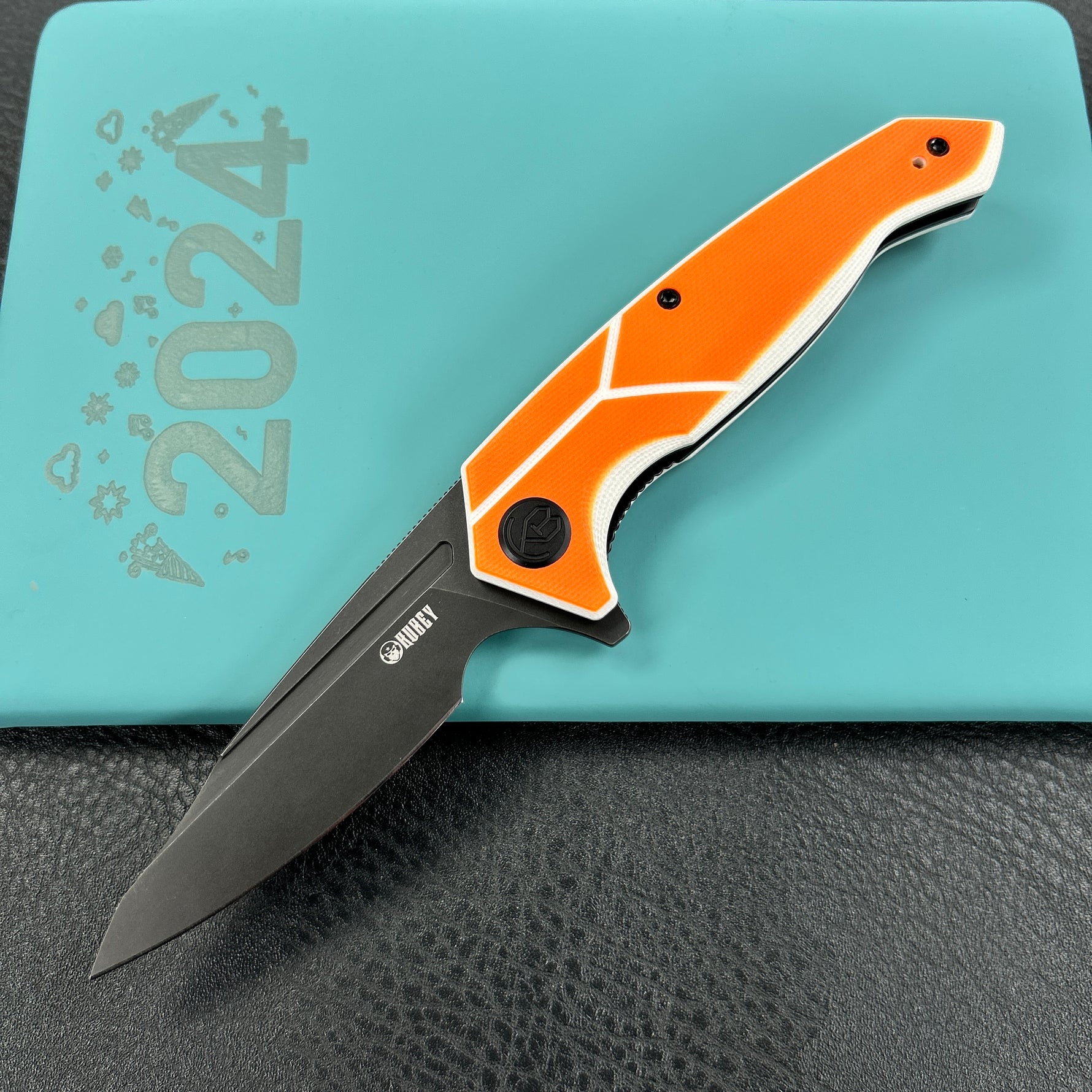 KUBEY knife  KU373B RBC-1 Outdoor Flipper Knife  Orange&White G10 Handle 3.46"  Blackwash 14C28N