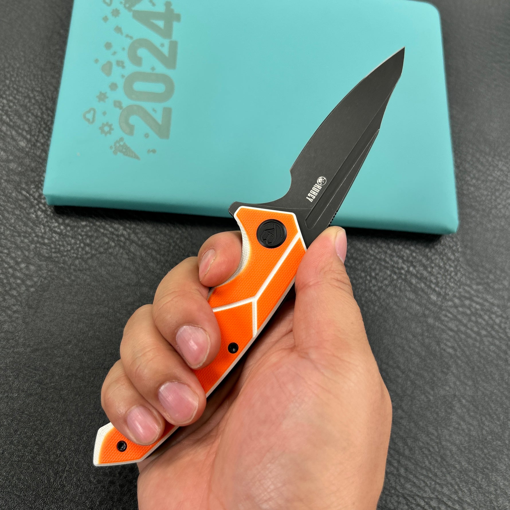 KUBEY knife  KU373B RBC-1 Outdoor Flipper Knife  Orange&White G10 Handle 3.46"  Blackwash 14C28N