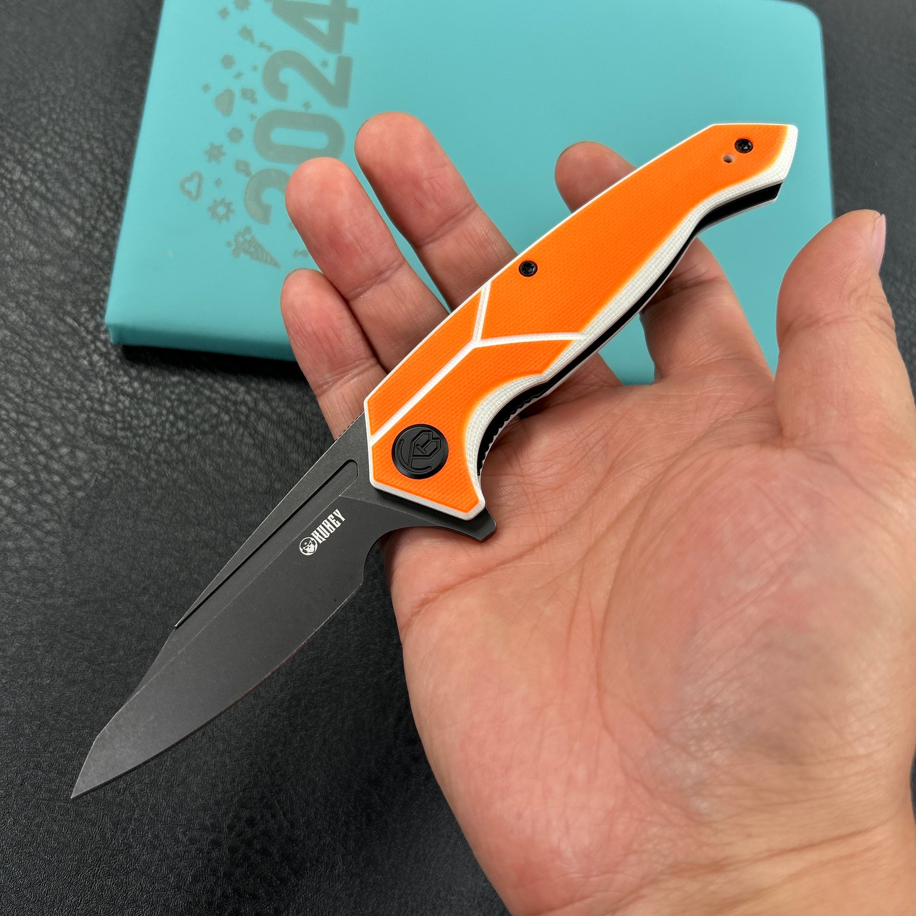 KUBEY knife  KU373B RBC-1 Outdoor Flipper Knife  Orange&White G10 Handle 3.46"  Blackwash 14C28N