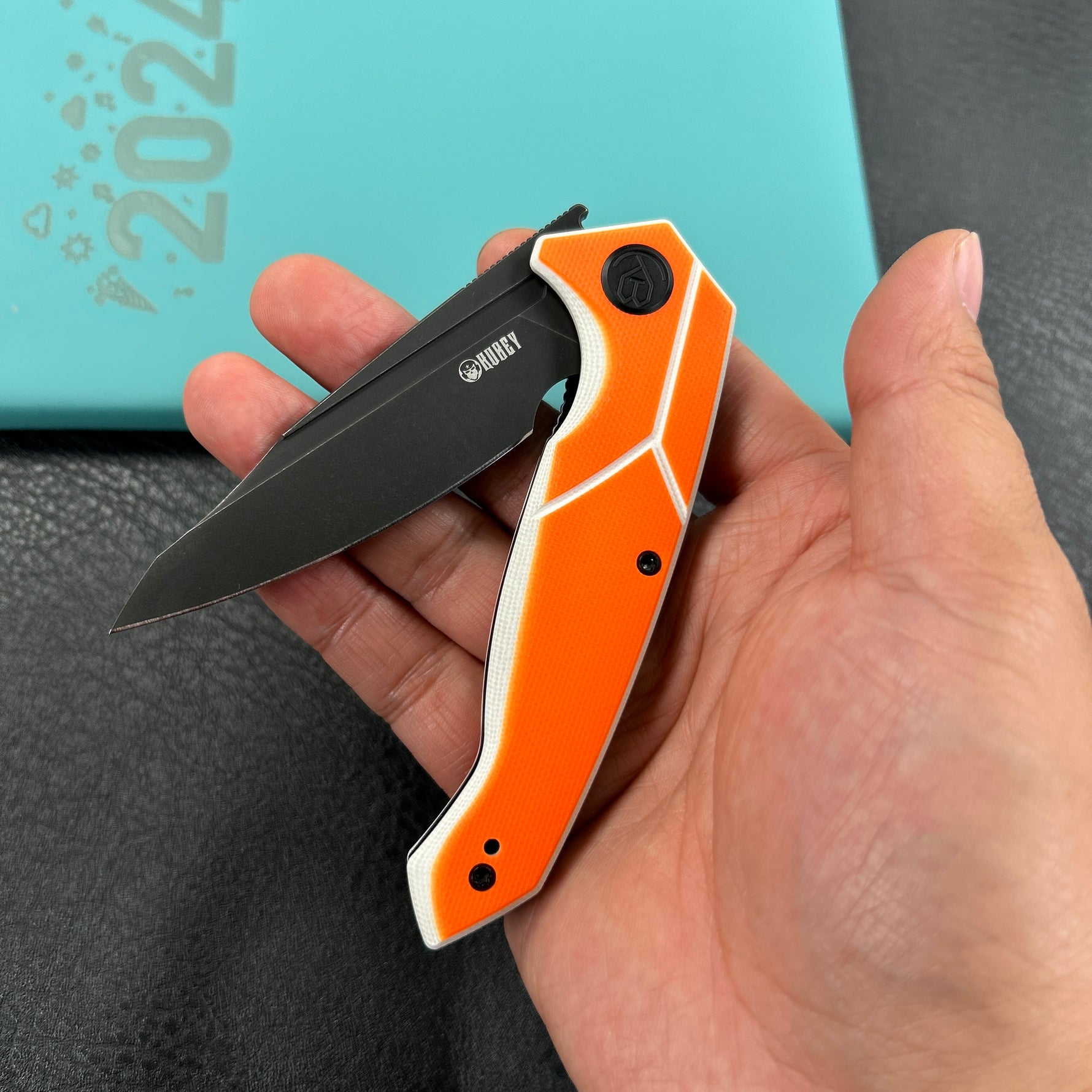 KUBEY knife  KU373B RBC-1 Outdoor Flipper Knife  Orange&White G10 Handle 3.46"  Blackwash 14C28N