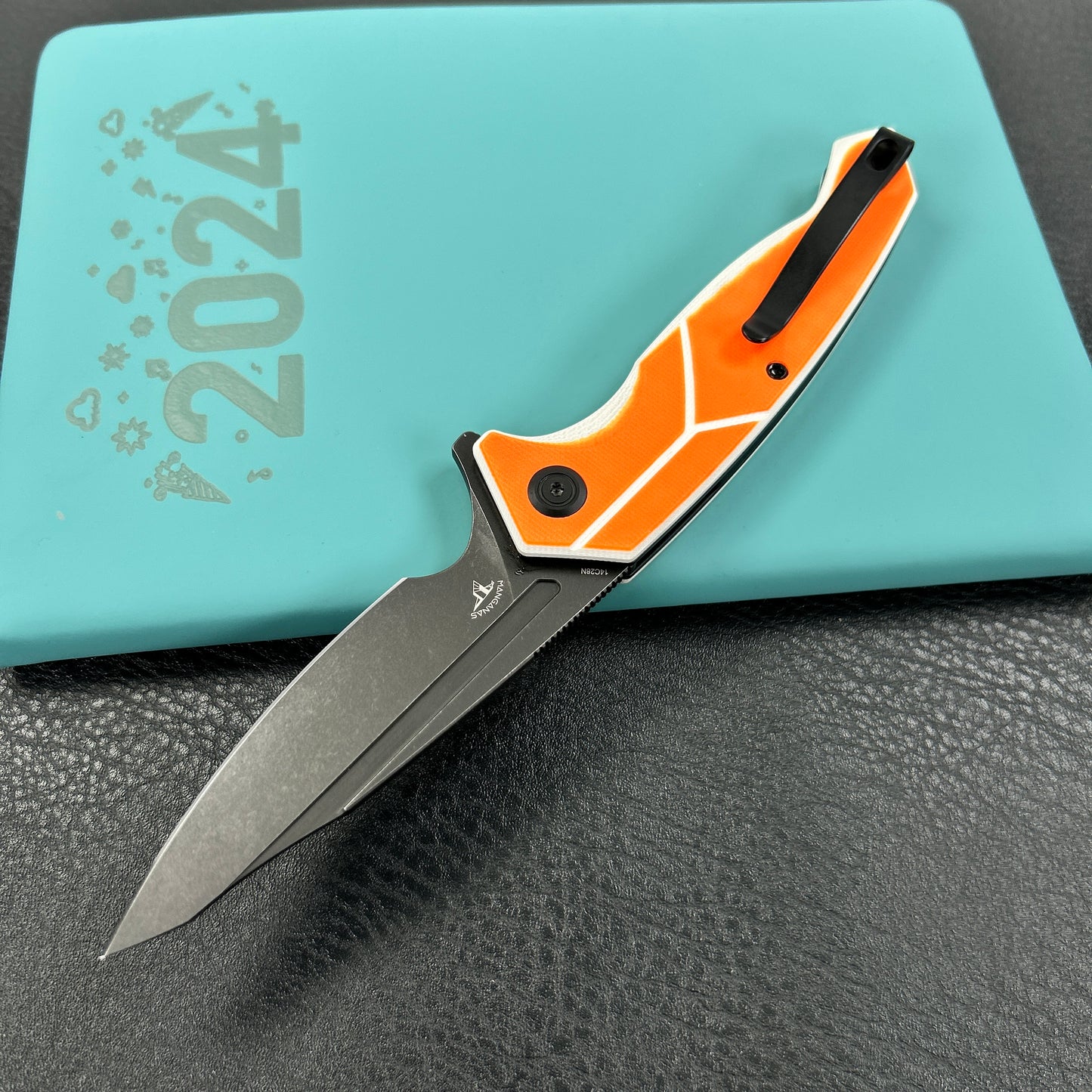 KUBEY  KU373B RBC-1 Outdoor Flipper Knife  Orange&White G10 Handle 3.46"  Blackwash 14C28N