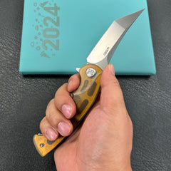 KUBEY  KU175C Scimitar Tanto Liner Lock Hunting Folding Knife Ultem Handle 3.46" Beadblast 14C28N